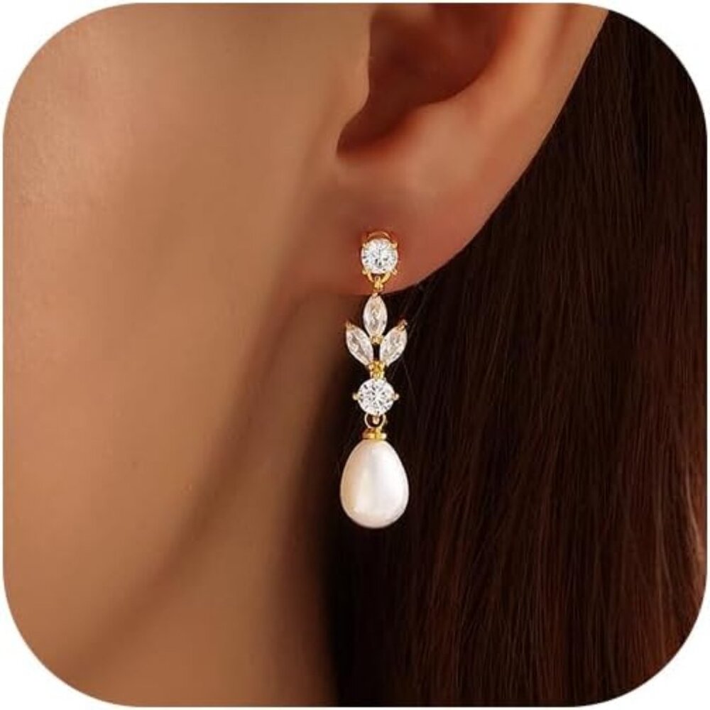 Pearl Earrings for Women, 14k Gold Plated Trendy Diamond Pearl Drop Earrings Bri
